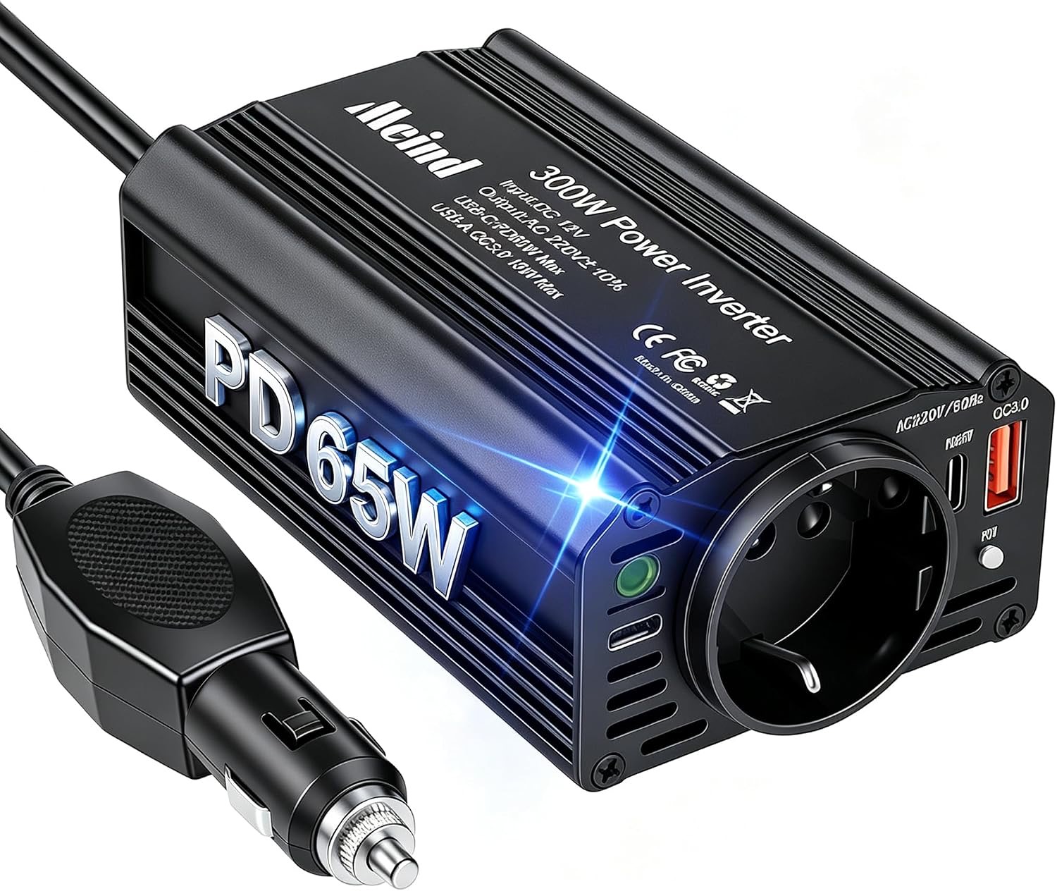 300W Wechselrichter 12V auf 230V Spannungswandler, Stromwandler mit EU-Steckdose, 65W USB-C PD, 18W QC3.0, Inverter 12V 220V, Auto Steckdose für Auto, Wohnmobil, Camping, Laden von Handys, Laptops
