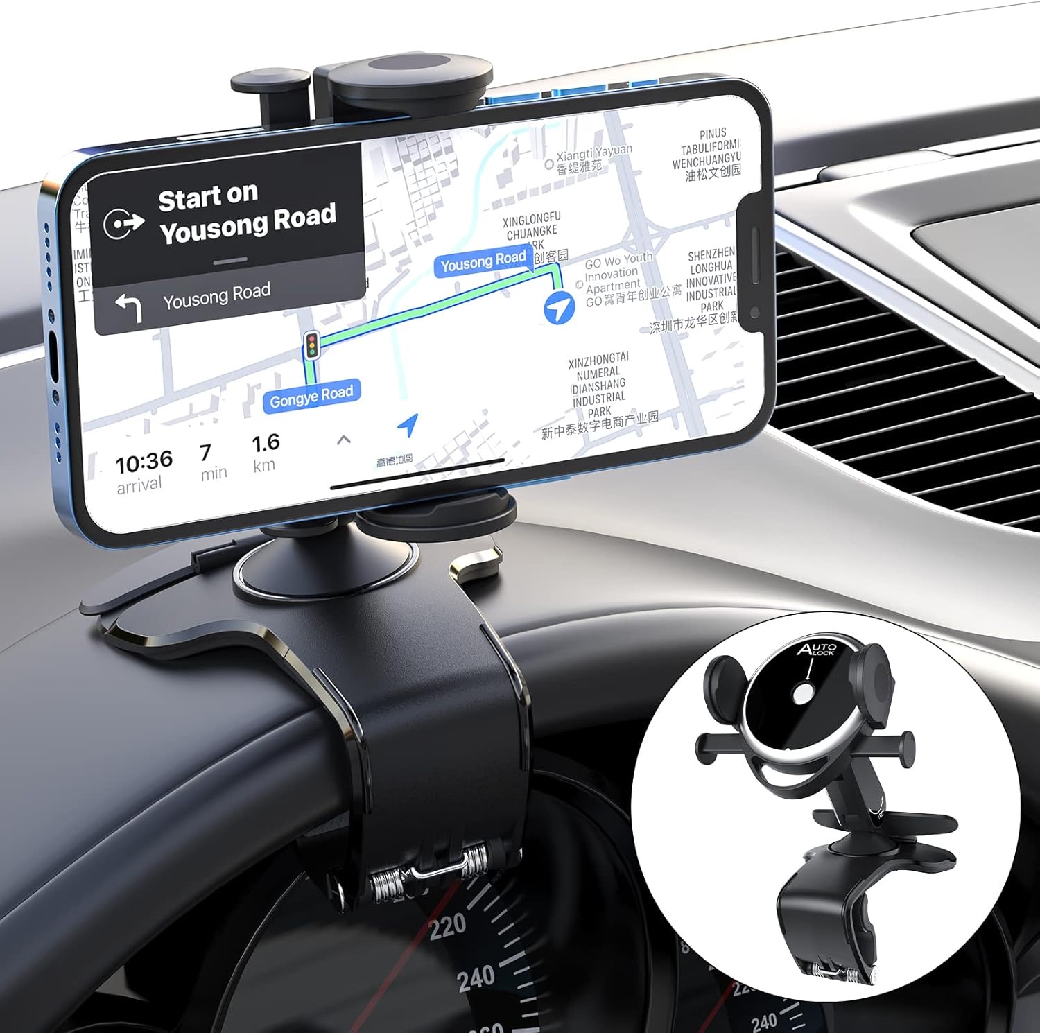 Liamostee Auto-Handyhalterung, 360 Grad drehbar, Universal für iPhone Samsung Huawei Xiaomi LG GPS Geräte, Armaturenbrett-Montage, Schwarz - Produktbild
