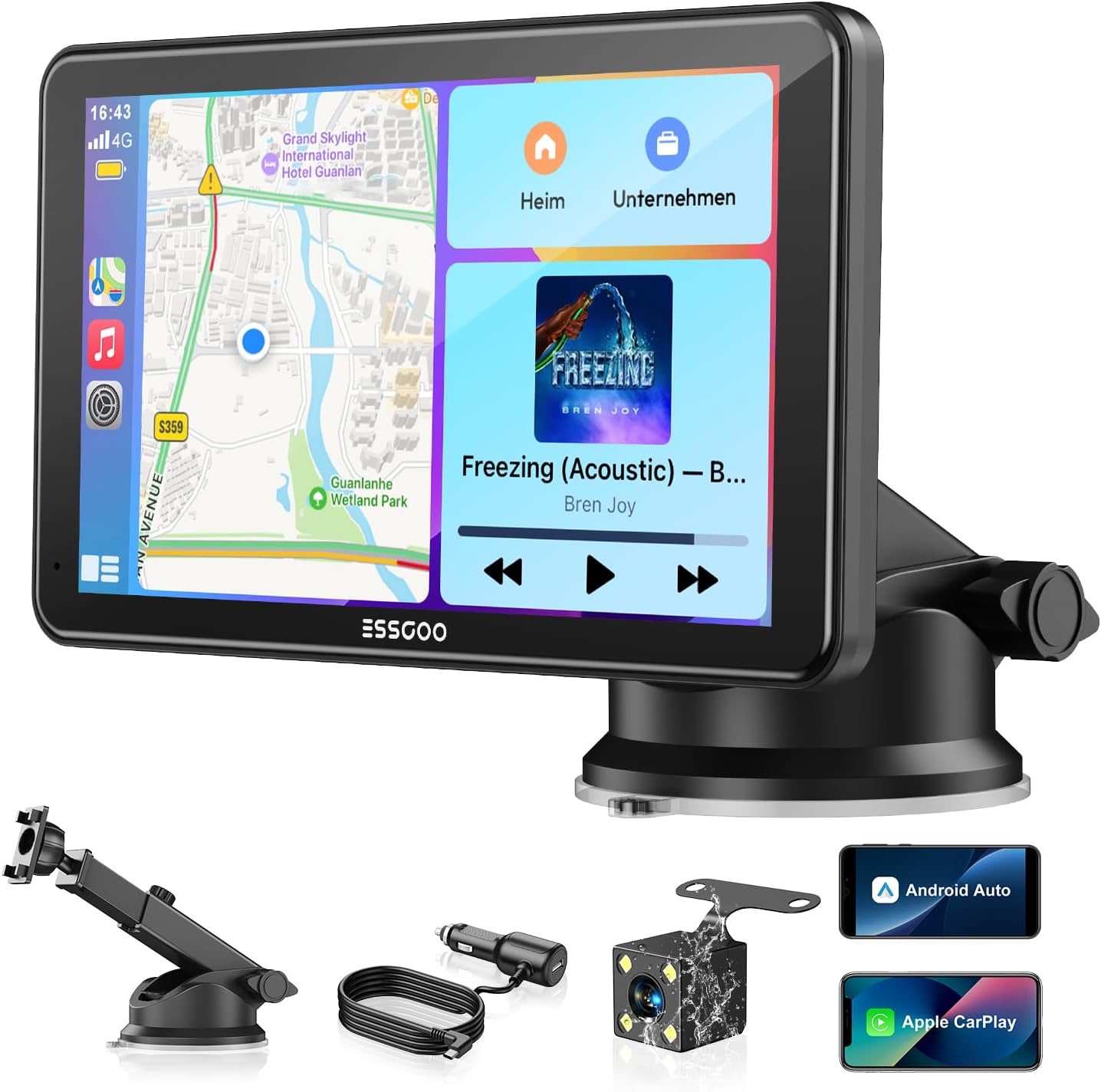 ESSGOO 7 Zoll Carplay Android Auto Display mit Rückfahrkamera 1080P