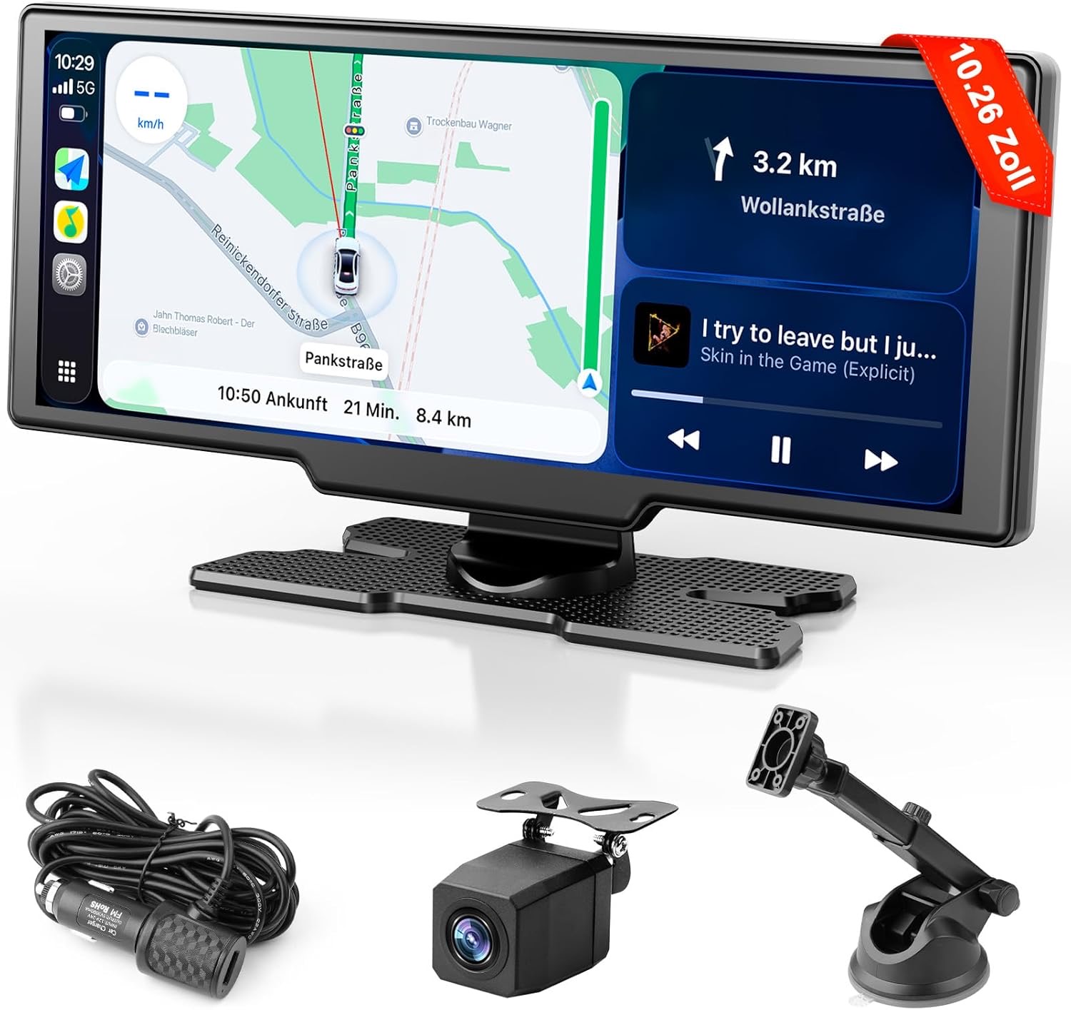 Carplay Display für Apple Car Play Android Auto 10,26 Zoll Tragbares Wireless CarPlay mit 1080P Rückfahrkamera, Bluetooth 5.2 Sprachsteuerung Mirror Link AUX FM, GPS Navigation, unterstützt TF Karte