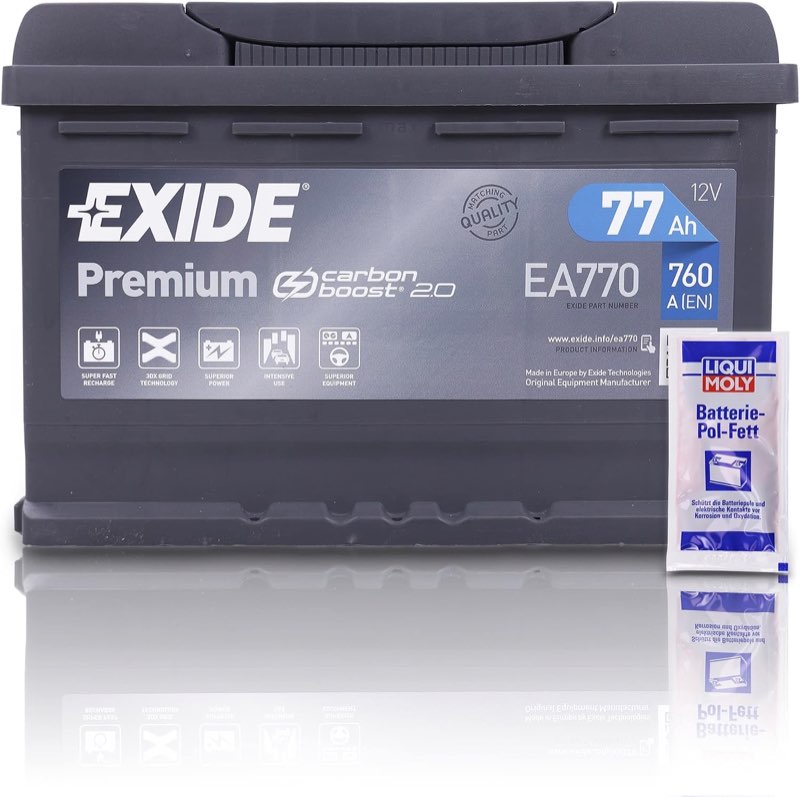 EXIDE EA770 Premium Carbon Boost Autobatterie 12V 77Ah 760A Starterbatterie PKW KFZ Batterie - Ersetzt 70Ah 71Ah 72Ah 74Ah 75Ah + 1x Batteriepolfett
