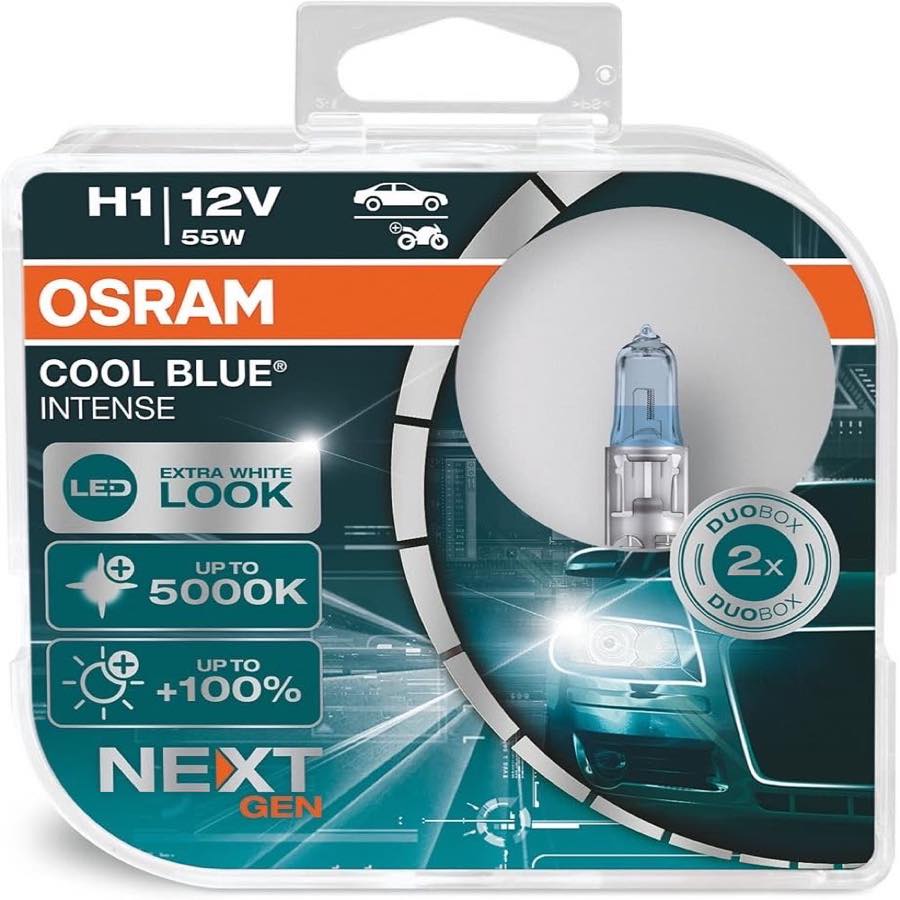 Osram Cool Blue Intense H1, mit 100 Prozent mehr Helligkeit, bis zu 5.000K, Halogen-Scheinwerferlampe, LED-Look, Duo Box (2 Lampen), Fahrzeugspezifische Passform, Blue, Duo Box