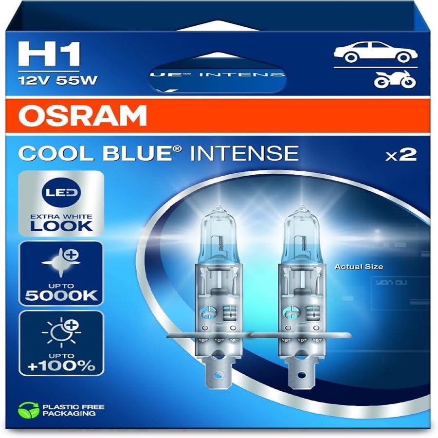 OSRAM COOL BLUE® INTENSE H1, +100% mehr Helligkeit, bis zu 5.000K, Halogen-Scheinwerferlampe, LED-Look, Hängebox (2 Lampen)
