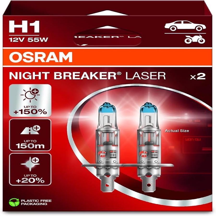 Osram NIGHT BREAKER LASER H1, +150% mehr Helligkeit, Halogen-Scheinwerferlampe, 64150NL-2HB, 12V PKW, Hängebox (2 Lampen) – Testsieger H1-Birne