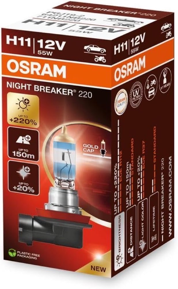 Osram NIGHT BREAKER 220, H11, +220% mehr Helligkeit, Halogen-Scheinwerferlampe, 64211NB220, Faltschachtel (1 Lampe)