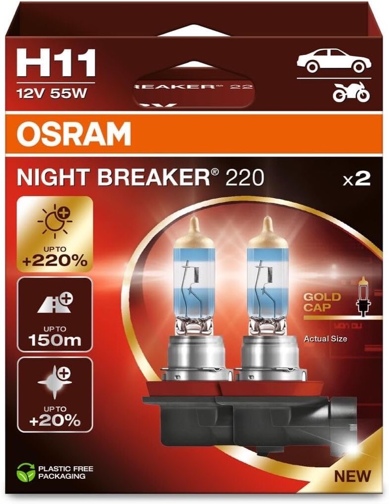 Osram NIGHT BREAKER 220, H11, +220% mehr Helligkeit, Halogen-Scheinwerferlampe, 64211NB220-2HB, Faltschachtel (2 Lampen)