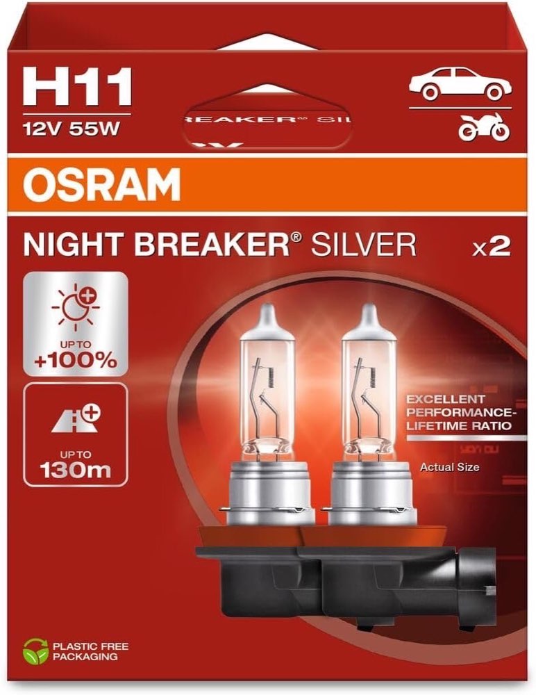 Osram NIGHT BREAKER SILVER H11, +100% mehr Helligkeit, Halogen-Scheinwerferlampe, 64211NBS-2HB, 12V Pkw, Hängebox (2 Lampen)