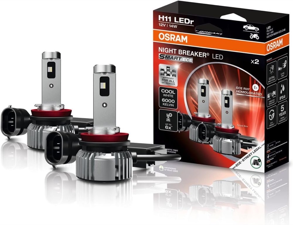 Osram NIGHT BREAKER LED SMART ECE H11, ECE R37 zugelassene LED-Retrofitlampe, Fern-/Abblend-/Nebellicht, kein Gutachten notwendig, 6000K, 12V