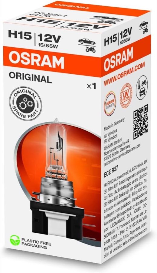Osram ORIGINAL H15, 64176, 12V, 1er Faltschachtel – Testsieger H15-Lampe
