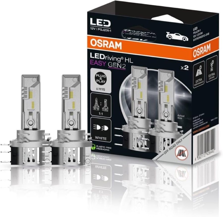 Osram LEDriving HL EASY GEN 2 ≜H15, LED high and low beam lamp, Cool White 6500K, no accessory needed, offroad use only - no ECE, 2 lamps