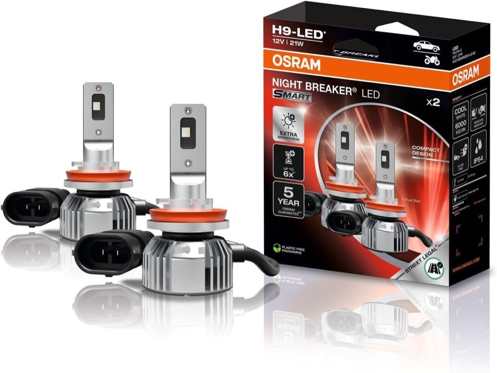 Osram NIGHT BREAKER LED SMART H9; 6000K, LED-Fern- und Abblendlicht mit Straßenzulassung; 12V; 2 Lampen