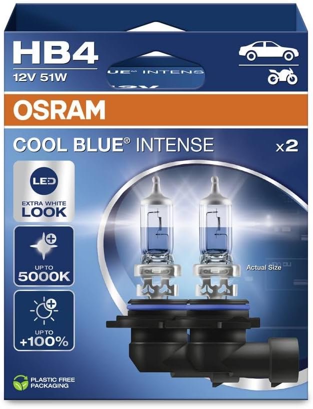 Osram COOL BLUE® INTENSE HB4, +100% more brightness, up to 5,000K, halogen headlight lamp, LED look, Hanging folding box (2 lamps)