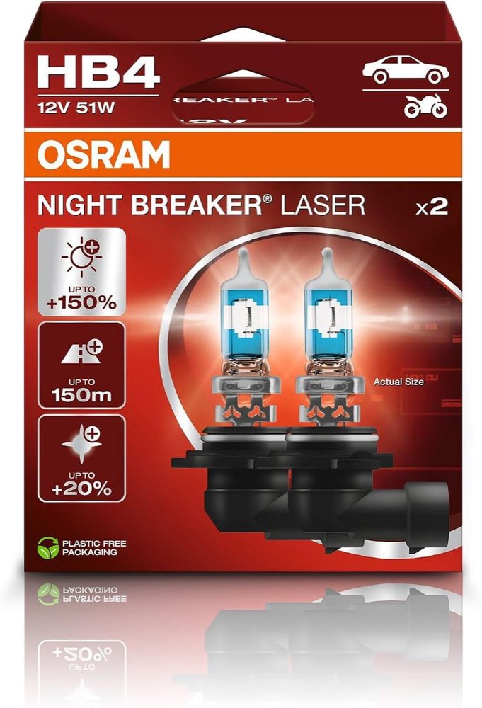 Osram NIGHT BREAKER LASER HB4, +150% mehr Helligkeit, Halogen-Scheinwerferlampe, 9006NL-2HB, 12V PKW, Hängebox (2 Lampen)