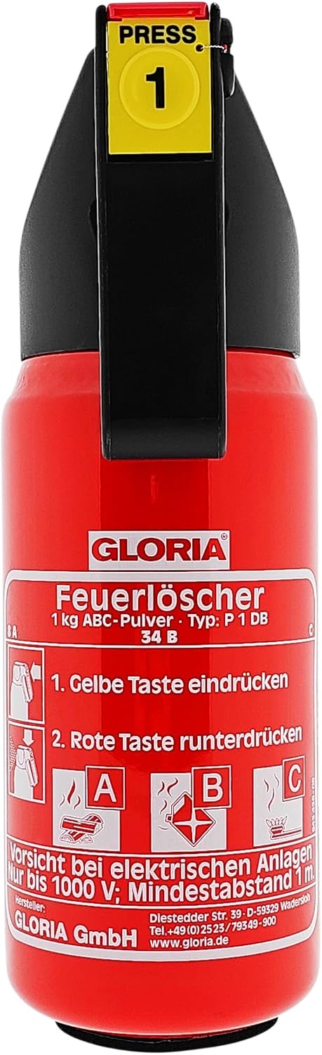 Gloria - 1kg Pulver-Autofeuerlöscher - P1DB - mit Kfz-Halterung - für die Brandklassen A,B,C - inkl. Prüfnachweis