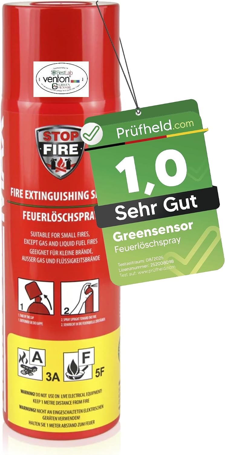 [Test SEHR GUT, Note 1,0] GREENSENSOR Premium Feuerlöschspray 500 ml, Universal Löschspray, Schaum Feuerlöscher Spray fü