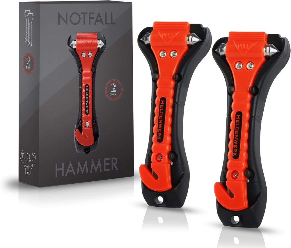 HELDENWERK® Notfallhammer Auto mit Gurtschneider TÜV/GS geprüft 2er-Set