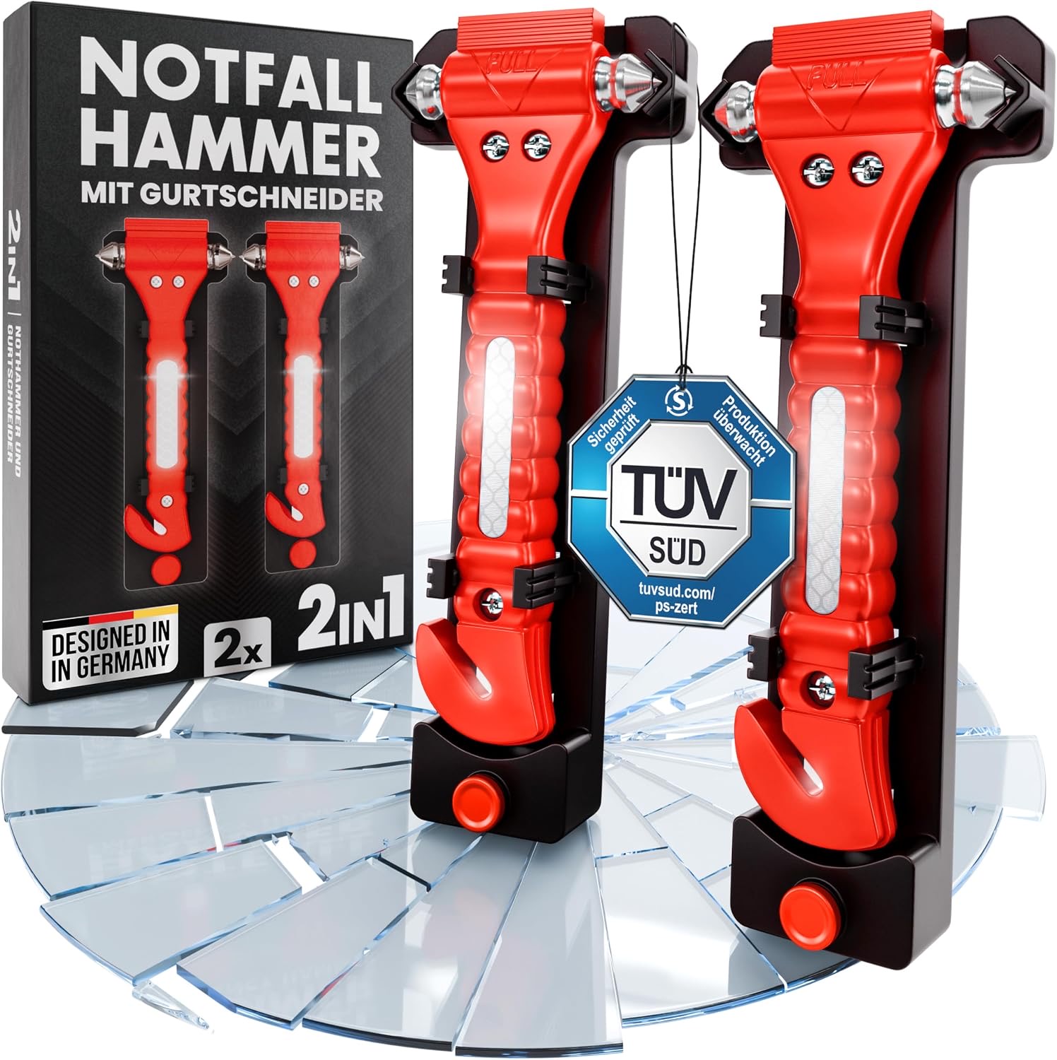 HELDENWERK® Notfallhammer Auto mit Gurtschneider TÜV/GS geprüft 2er-Set