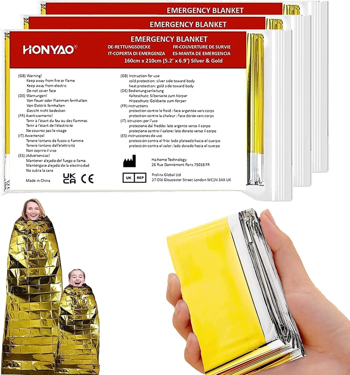 HONYAO Rettungsdecke 3 Stück, Erste Hilfe Decke Gold Silber, 210×160cm, Notfalldecke Perfekt für Outdoor, W…
