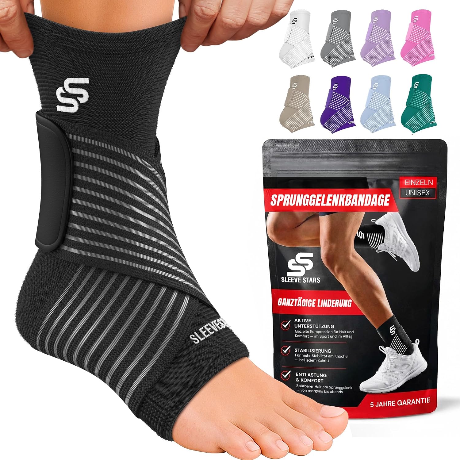 Sleeve Stars Sprunggelenkbandage | Bandage Fußgelenk & Knöchelbandage mit verstellbarem Riemen | Fußbandage rechts oder links | Plantarfasziitis & Achillessehnen Entlastung | schwarz