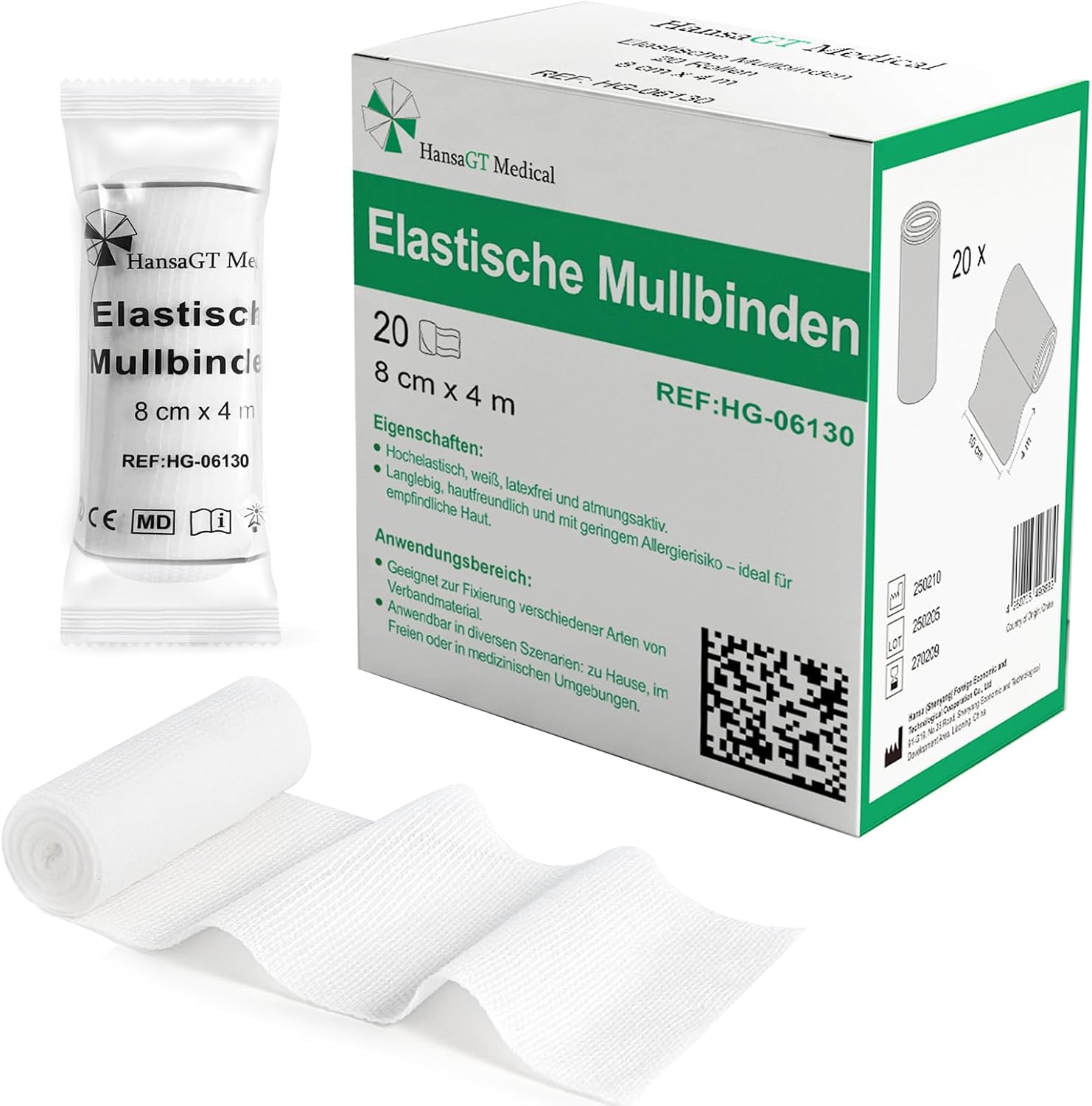 Mullbinden 20 Rollen 8cm x 4m, Hochelastische Latexfreie Fixierbinde, 80% Dehnbar & Extra Weich, Einzeln Verpackt für Wundauflagen, Gelenke & Erste-Hilfe Verbandsmaterial