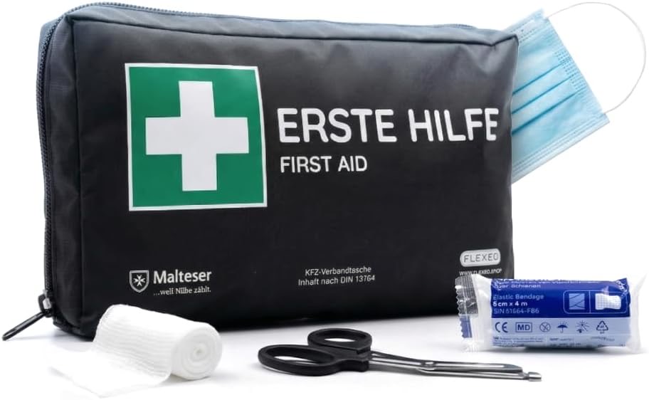 FLEXEO KFZ-Verbandtasche nach aktueller DIN 13164 | Europaweit gültig, gemäß StVZO | inkl. 2 med. Gesichtsmasken | Erste Hilfe Tasche, Set, Verbandskasten, Auto, PKW | Schwarz