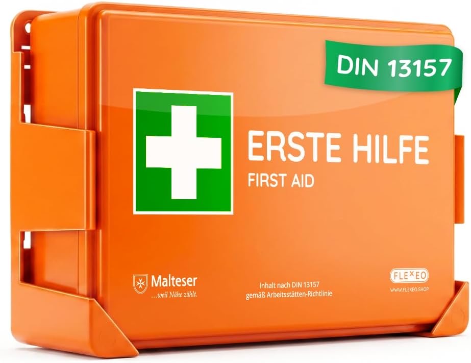 FLEXEO Verbandkasten C nach aktueller DIN 13157 | mit Wandhalterung/Wandmontage | Betriebsverbandkasten/Erste-Hilfe-Kasten für Betriebe, Büro & Baustelle gemäß ASR | orange