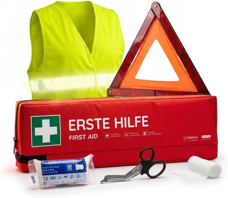 FLEXEO FLEXEO KFZ-Verbandtasche 3in1 mit Warndreieck & Warnweste