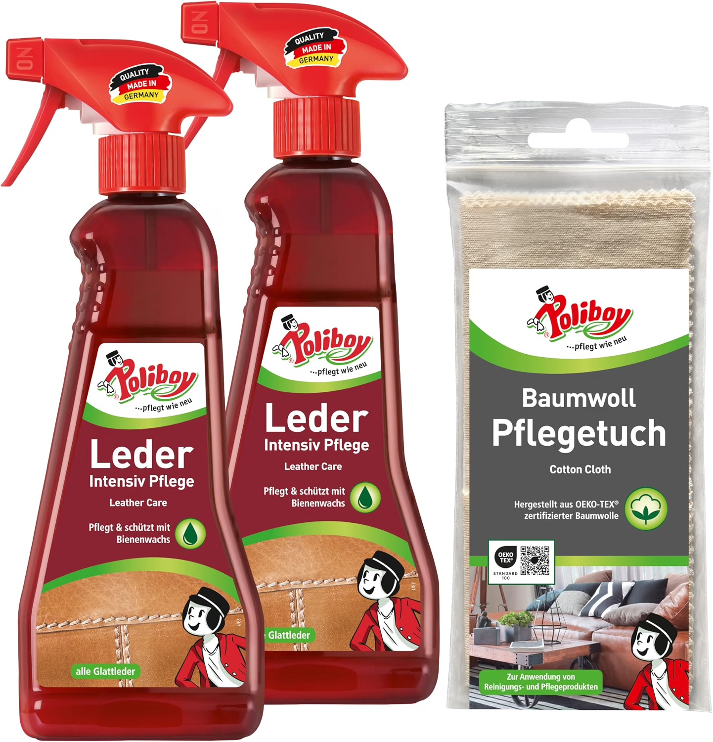 POLIBOY Leder Intensiv Pflege, 2 x 375 ml, mit Baumwolltuch