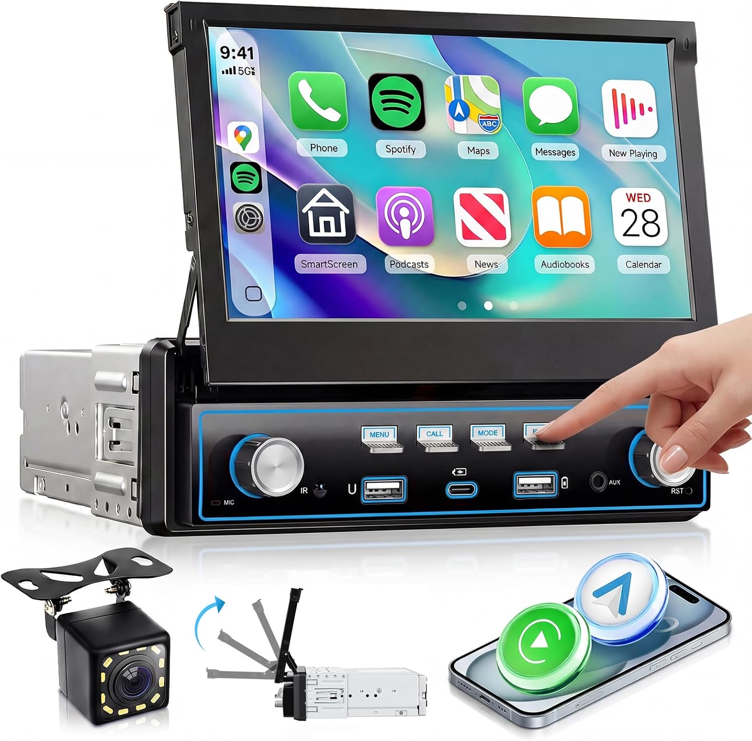 VECHTEL 1-DIN Autoradio mit manuell ausziehbarem 7-Zoll-Display