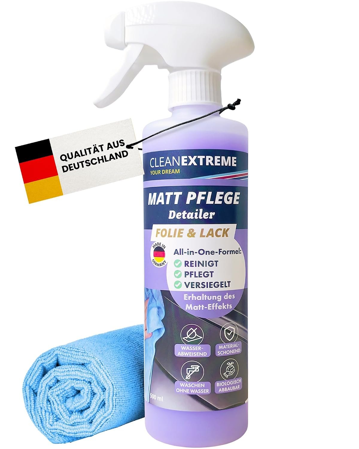 CLEANEXTREME Mattlack-Pflege mit Versiegelung (500 ml + Tuch) – Testsieger Mattlack-Pflege