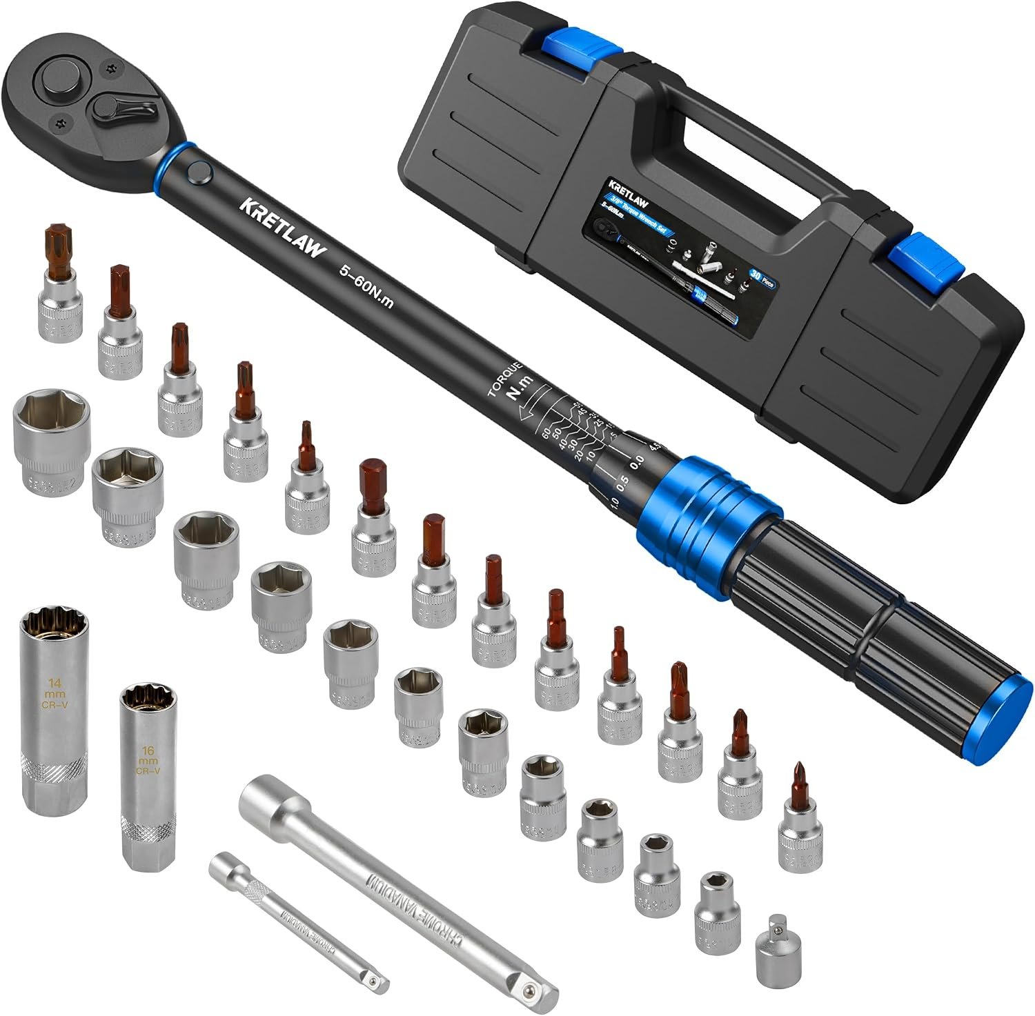 30tlg. Drehmomentschlüssel Set, 3/8" Drehmoment-Schlüssel 5-60 Nm 72 Zähne, ±3% Fehlergenauigkeit mit Verlängerungen, Stecknusse, Adapter