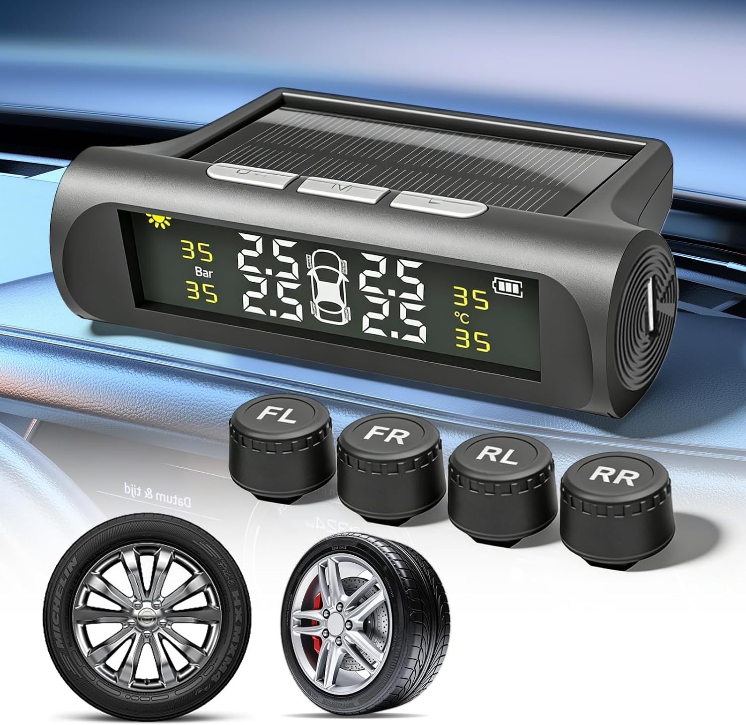 BAIFULAI TPMS Reifendruckkontrollsystem: IPX7 Wasserdicht Reifendruckkontrollsystem mit 4 Stück Außenfühler, Solarbetriebenes Digitale, Mini Reifendrucküberwachung für RV LKW Van SUV