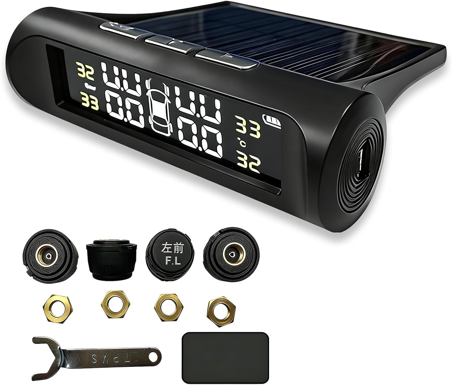 BORDEAG TPMS Reifendruckkontrollsystem, Solarbetriebener Reifendruck Kontrollsystem, Reifendrucküberwachung mit 4 Digitale Reifendrucksensor und LCD-Anzeige, Solar & USB Aufladbar für Van RV LKW SUV