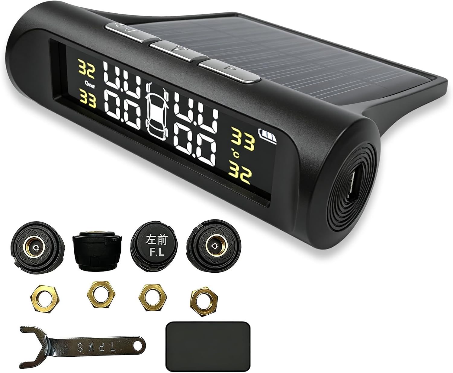 TPMS Reifendruckkontrollsystem, Reifendrucküberwachungssystem, mit LCD-Anzeige und 4 Externen Reifendrucksensor, Solar & USB Aufladbar, Monitor Auto Reifendruckkontrollsystem für RV, LKW, Van und SUV