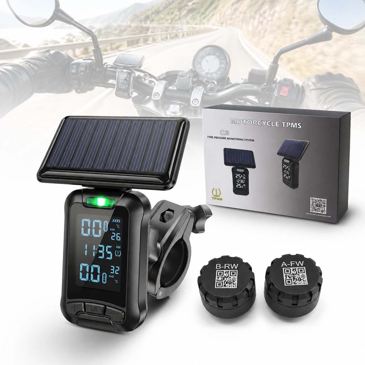 MOMAN Solar TPMS Motorrad Reifendruckkontrollsystem 2 Sensoren Bildschirm