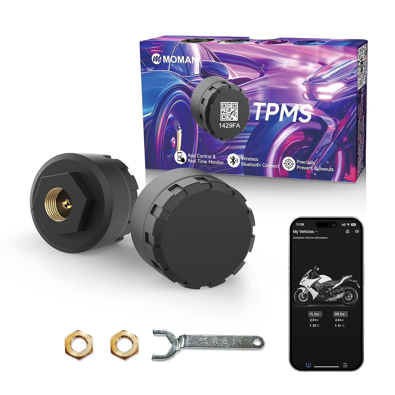 Moman TPMS Motorrad Sensoren 2er Set, Kabelloses Reifendrucksystem