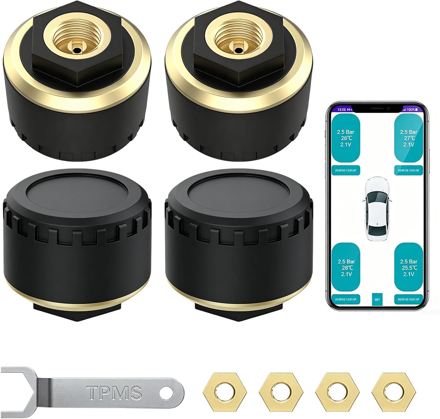 Reifendruckkontrollsystem, für Motorrad & Zweiräder, mit Reifendruck-Warnfunktion, Echtzeit-Überwachung über Smartphone-App, Messbereich 0–8 BAR, Kupfer-Basis, kompatibel mit iOS & Android