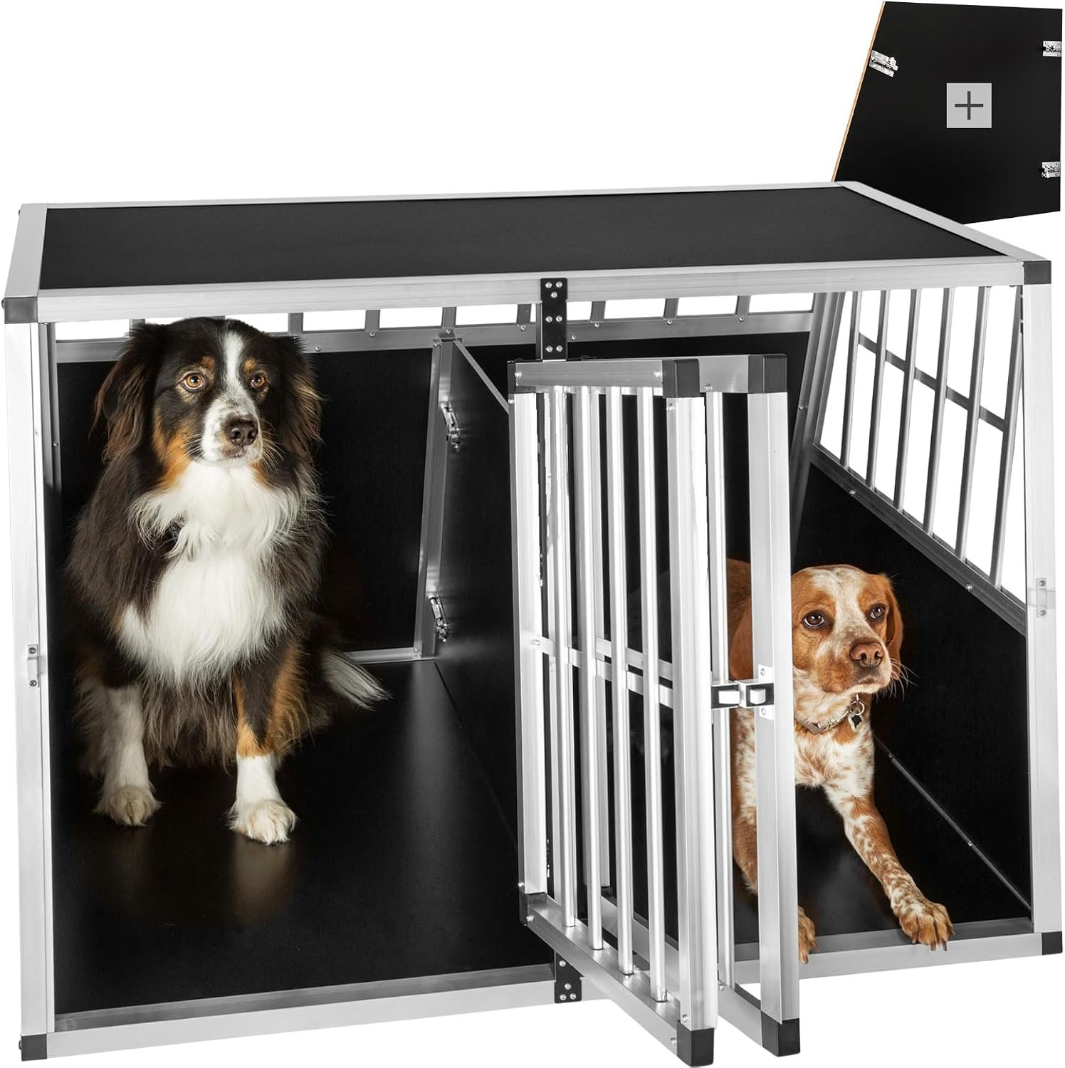 tectake® große Hundebox Auto oder Hundebox für Zuhause. Aluminium Doppel Hundetransportbox mit Trennwand, leicht und stabil, Auto Kofferraum Transportbox für bis zu 2 Hunde 104x90,5x69cm