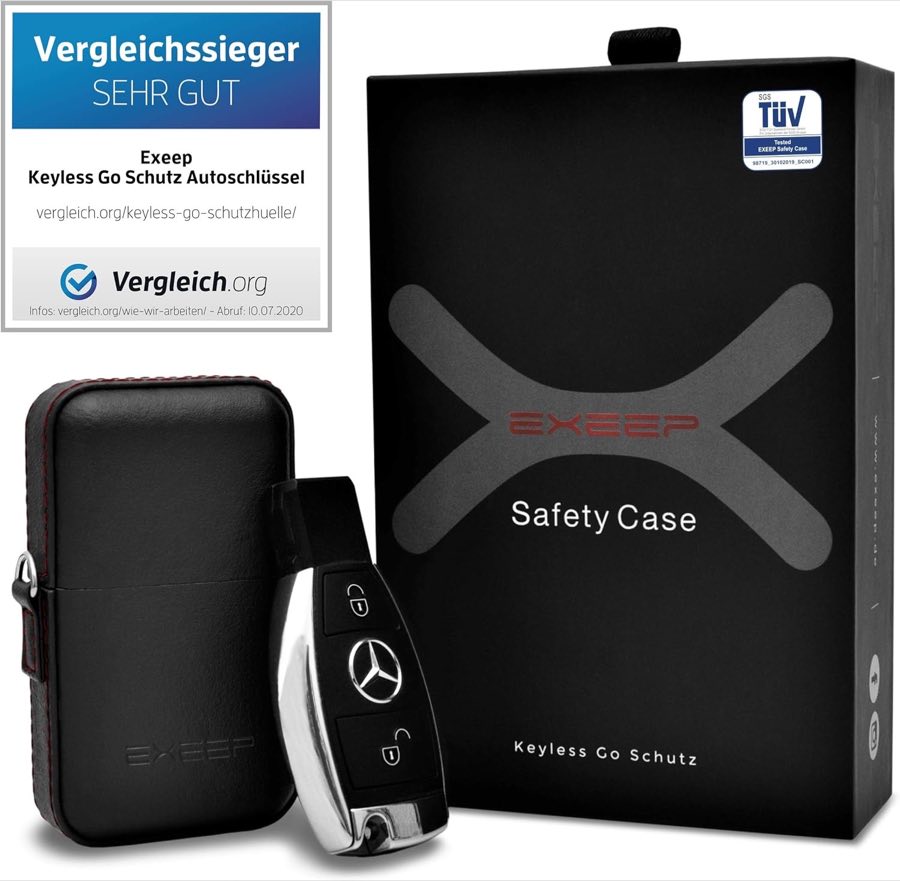 Keyless Go Schutz Autoschlüssel - TÜV geprüft - Zuverlässige Funkschlüssel Abschirmung - RFID Blocker Schlüsseletui Echt-Leder - Auto Diebstahlschutz Box - Designed in Germany - Schwarz
