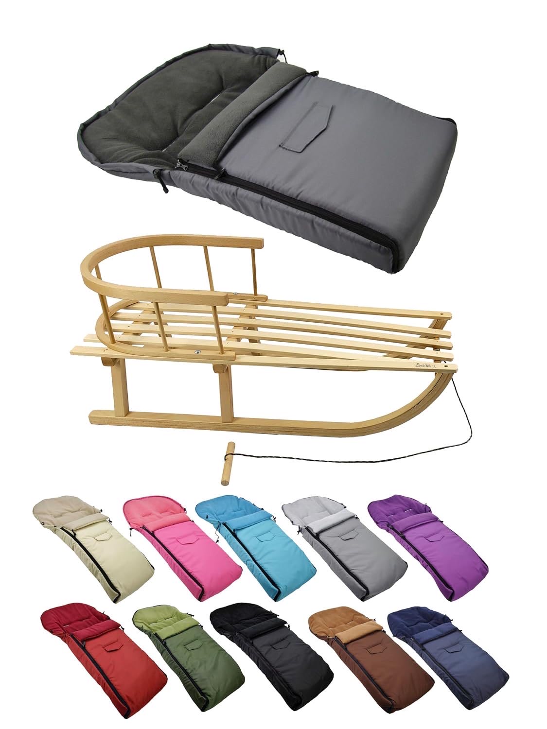 BambiniWelt Holzschlitten mit Fußsack 90 cm