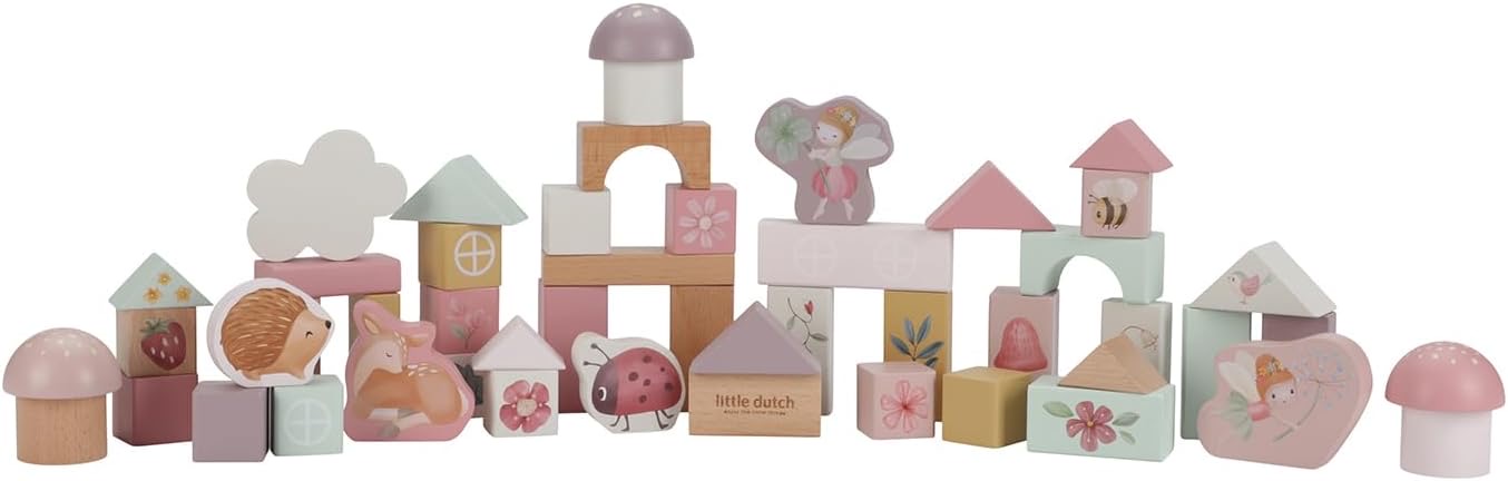 Little Dutch Bauklötze aus Holz Holzbausteine 50 Stück in Aufbewahrungsbox Märchen-Garten Motive Mädchen - Fairy Garden