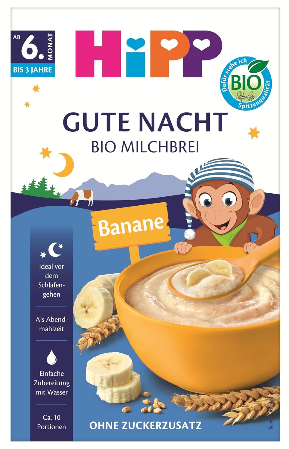 HiPP Bio Milchbrei Gute-Nacht Grieß Banane – 4 x 475 g – ab dem 6. Monat