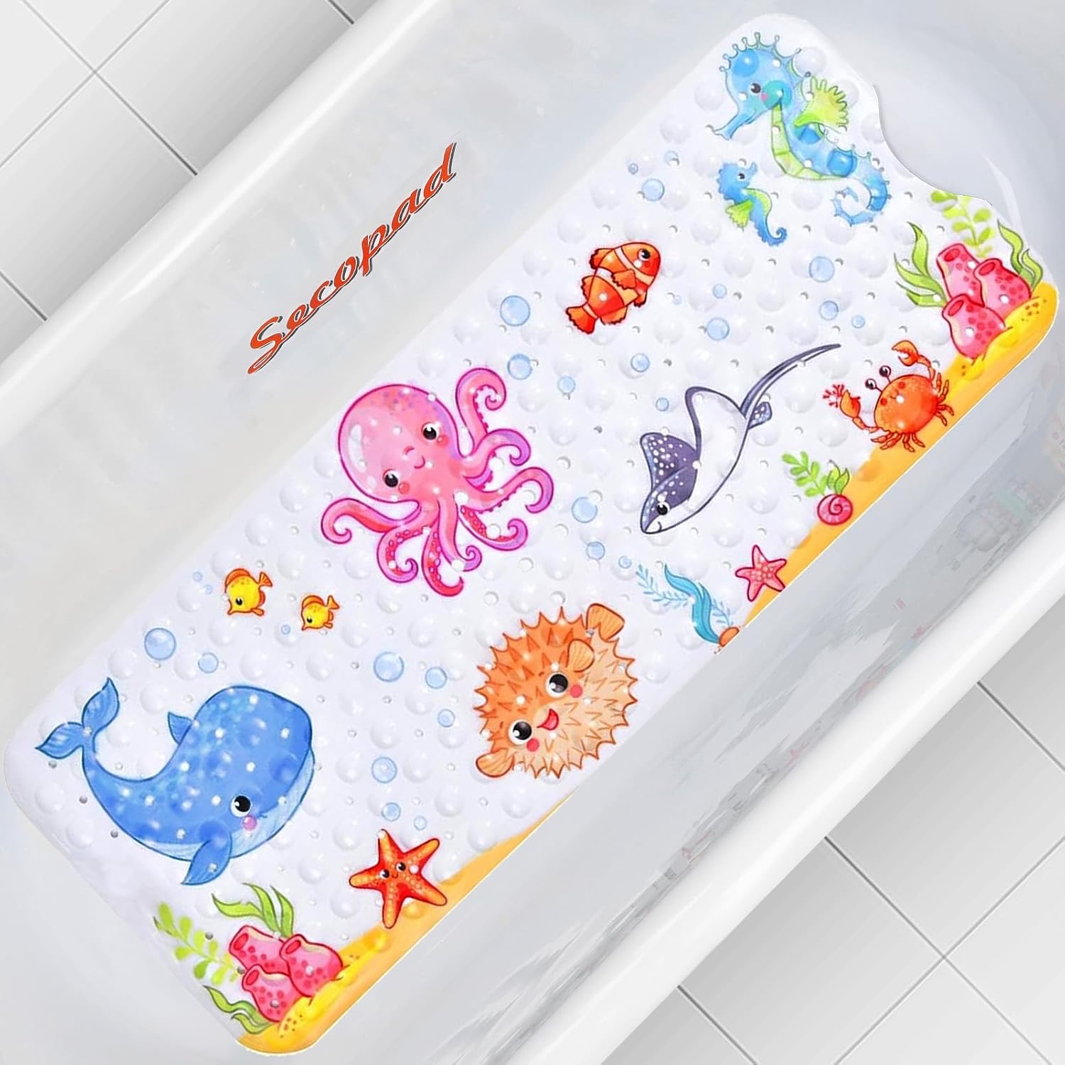 Secopad Badewannenmatte Kinder, rosa Oktopus, 101,6 × 40,6 cm – Testsieger Badewannenmatte Kinder