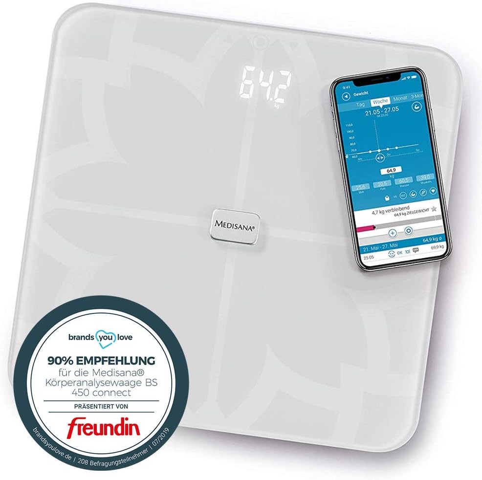 Medisana BS 450 connect, digitale Körperanalysewaage 180 kg, weiße Personenwaage zur Messung von Körperfett, Körperwasser, Muskelmasse und Knochengewicht, Körperfettwaage mit Körperanalyse App