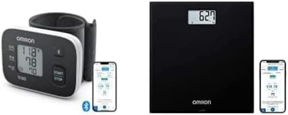 OMRON RS3 Intelli IT Handgelenk-Blutdruckmessgerät, klinisch validiert + OMRON HN300T2 Intelli IT smarte digitale Personenwaage mit kostenloser App für iOS/Android