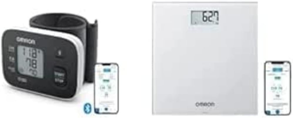 OMRON RS3 Intelli IT Handgelenk-Blutdruckmessgerät, klinisch validiert + OMRON HN300T2 Intelli IT smarte digitale Personenwaage mit kostenloser App für iOS/Android Grau