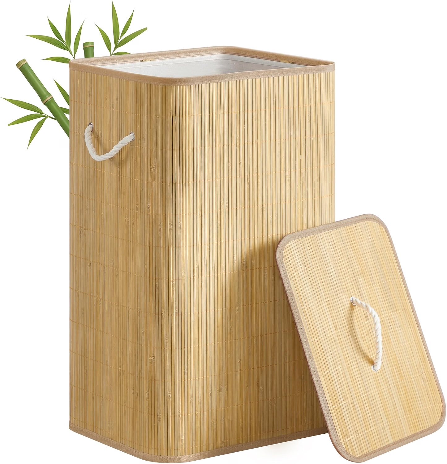 SONGMICS Wäschekorb mit Deckel, 90 L, Bambus