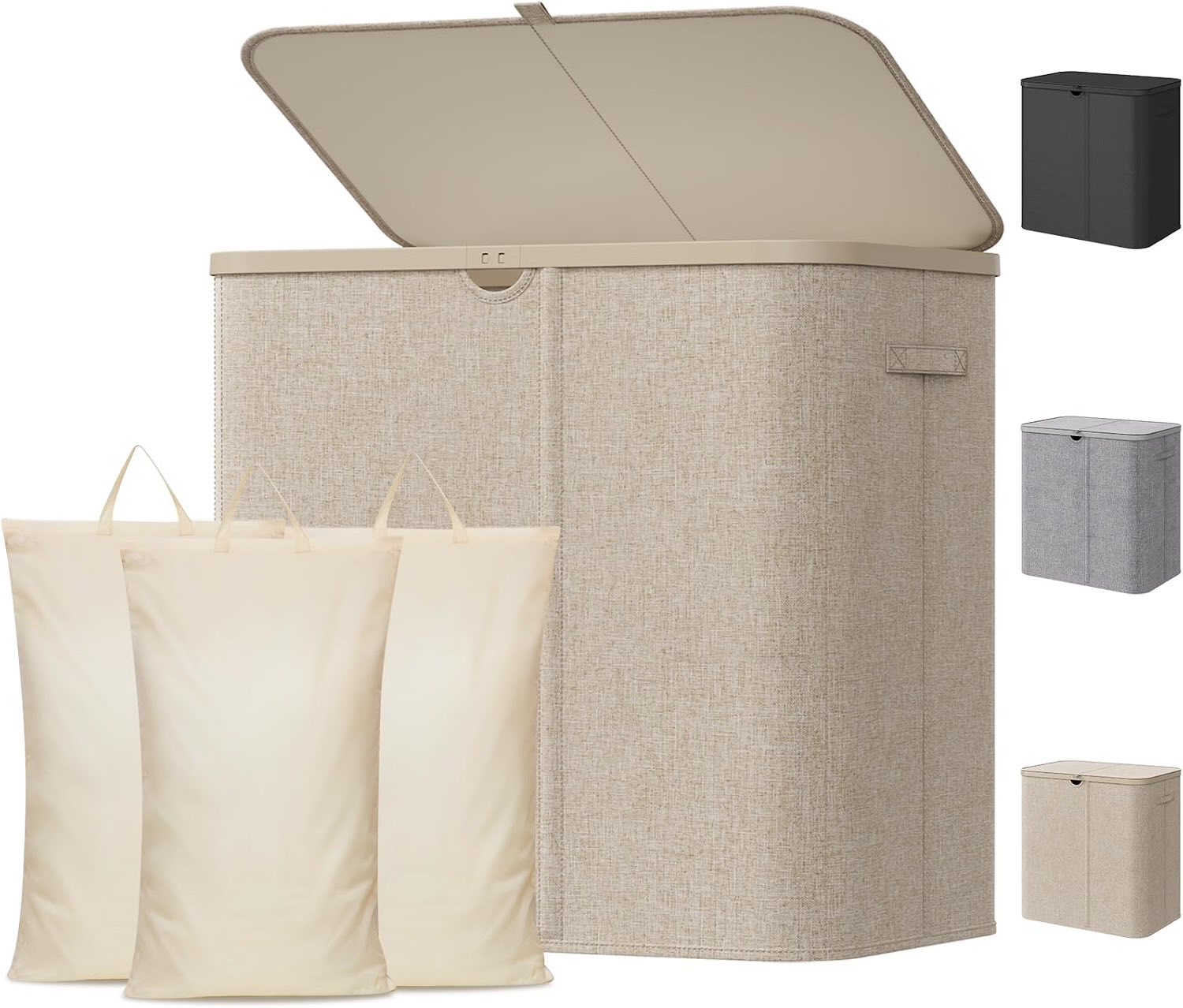 Lifewit 150L Wäschekorb mit Deckel, 3 Fächer
