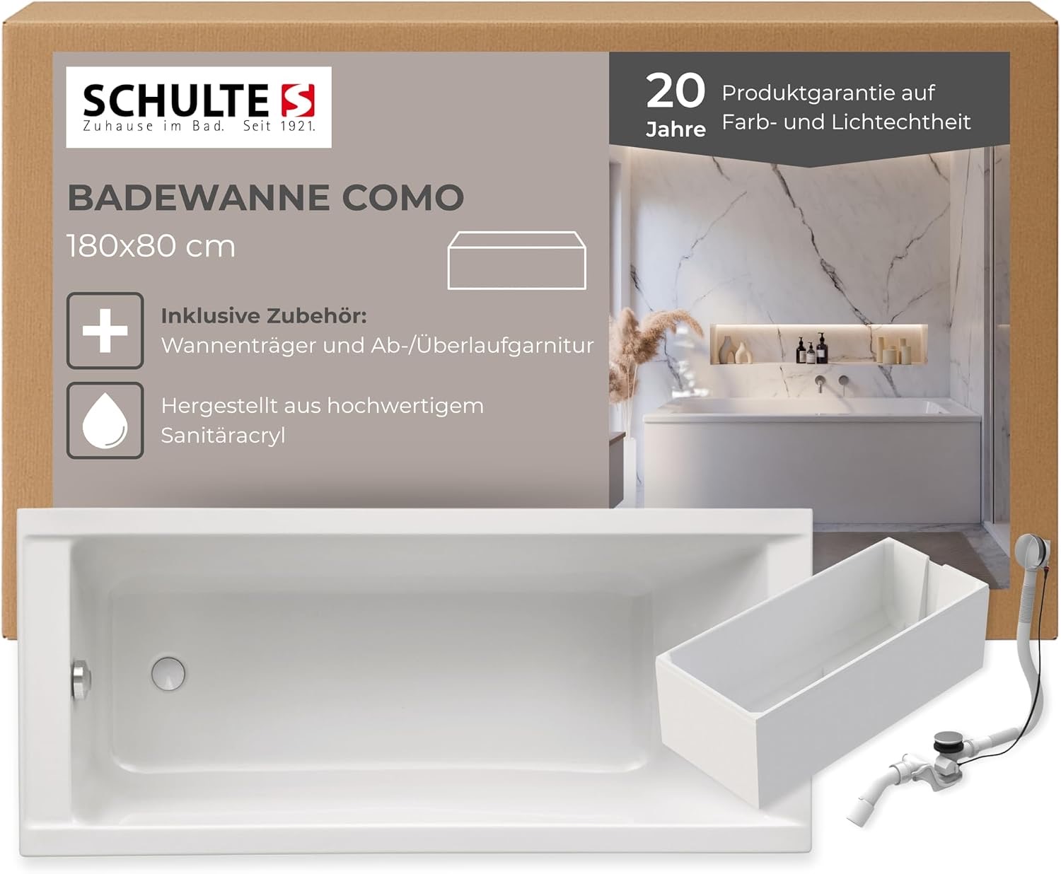 Schulte Badewanne Como 180x80 cm, Acryl Badewanne Komplettset mit Wannenträger und Ablauf, Weiß glänzend