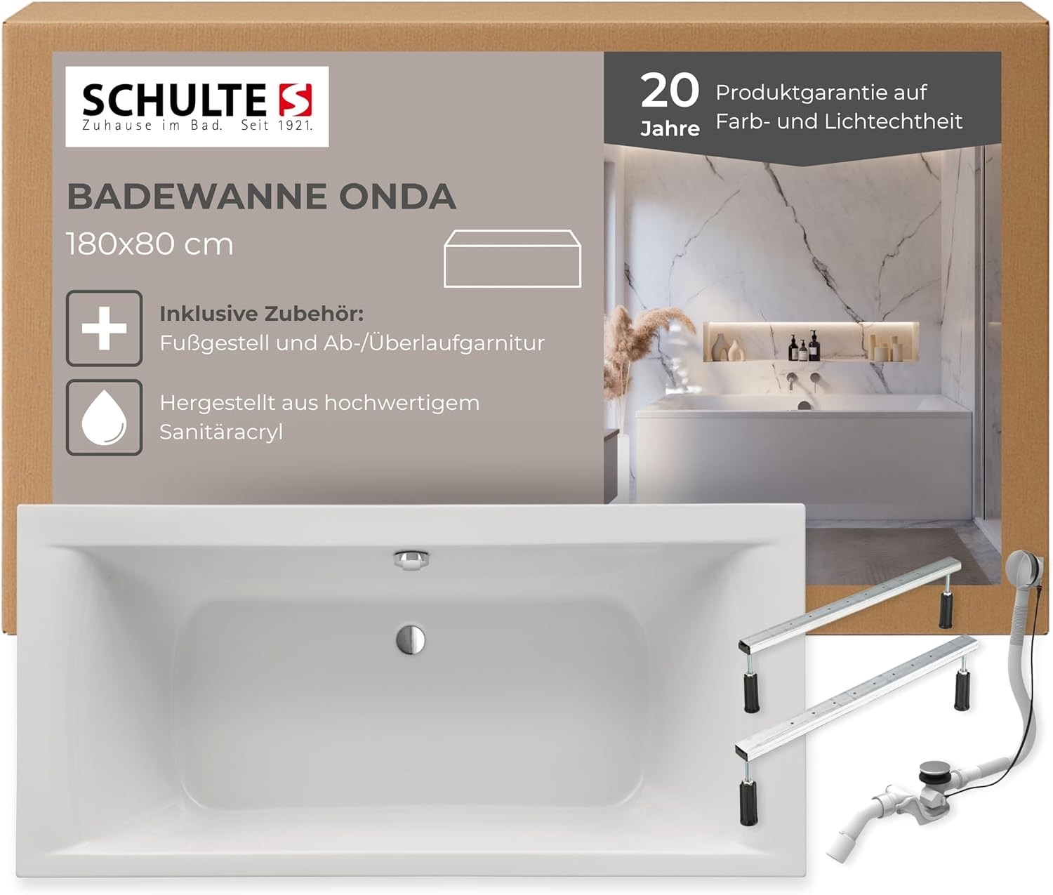 Schulte Badewanne Onda 180x80 cm, Acryl, Weiß glänzend